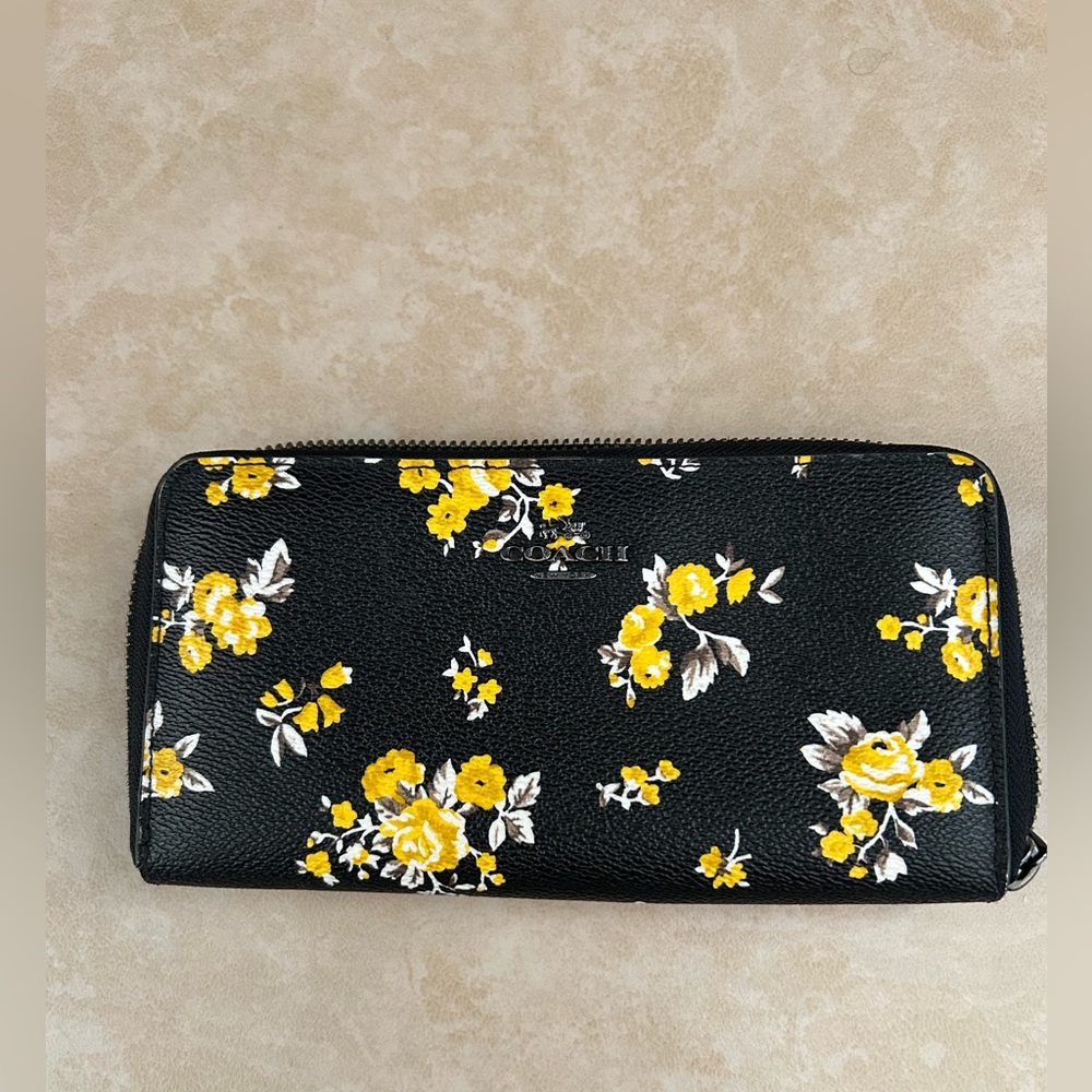 Coach Black and Yellow Floral Leather zip around Wallet with Silver Zipper